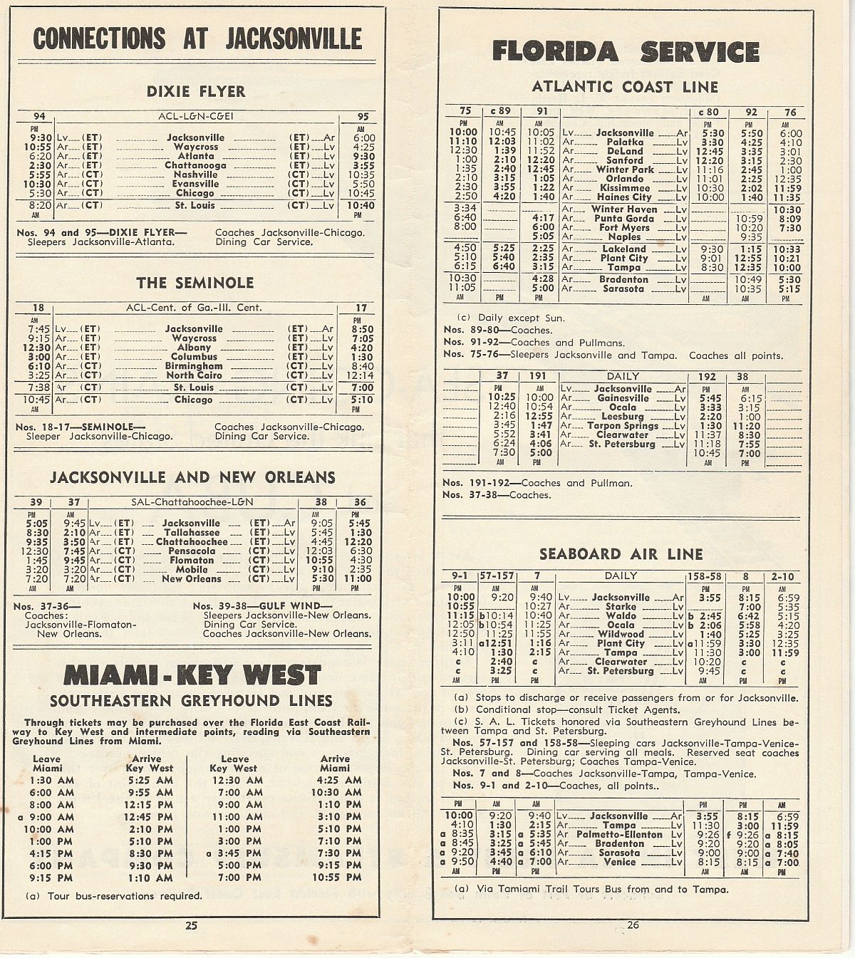 Florida East Coast Railway Dec. 12, 1957 timetable Pg. 25-26: More Connections at Jacksonville Connecting trains F.E.C. at Jacksonville with the Atlantic Coast Line, Louisville & Nashville, Chicago & Eastern Illinois, Central of Georgia, Illinois Central and Seaboard