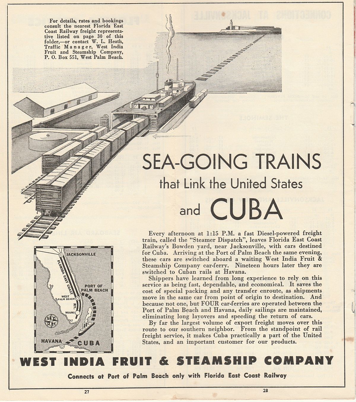 Florida East Coast Railway Dec. 12, 1957 timetable Pg. 27-28: West India Fruit & Steamship Company F.E.C. railroad ferry from Port of Palm Beach to Havana, Cuba