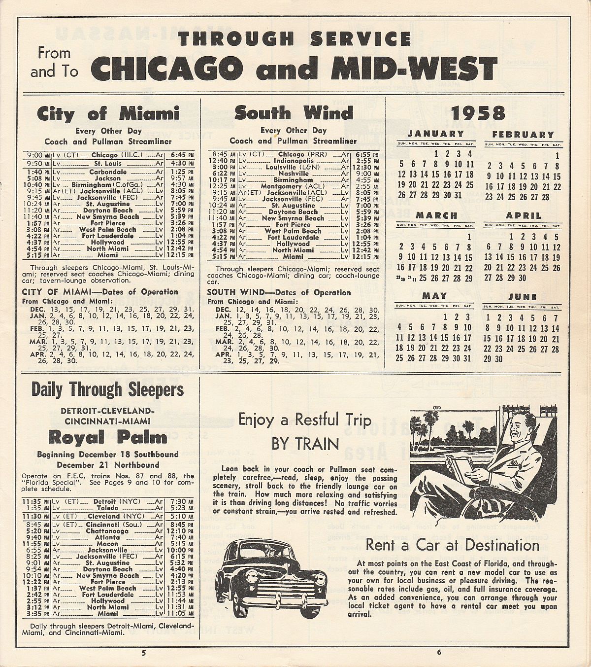 Florida East Coast Railway Dec. 12, 1957 timetable Pg. 5-6: Through service from & to Chicago and Mid-West Featuring City of Miami, South Wind & Royal Palm; Ad: Rent a car