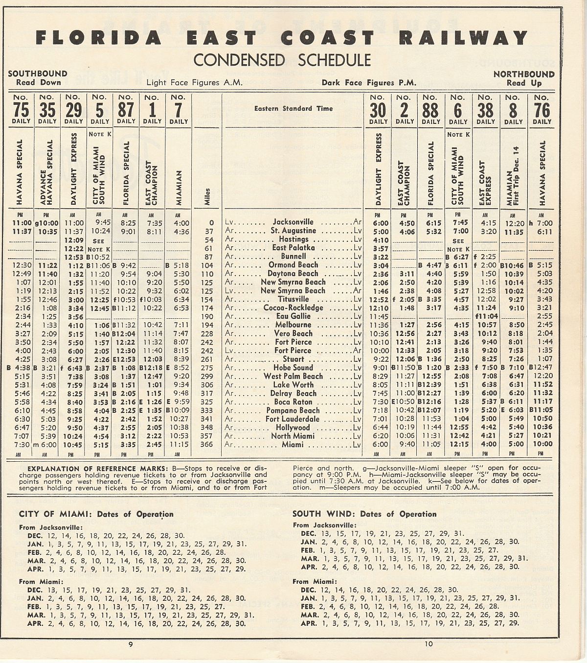 Florida East Coast Railway Dec. 12, 1957 timetable Pg. 9-10: Condensed Schedule Florida East Coast Railway December 12, 1957 timetable featuring all passenger trains on the F.E.C. between Jacksonville and Miami