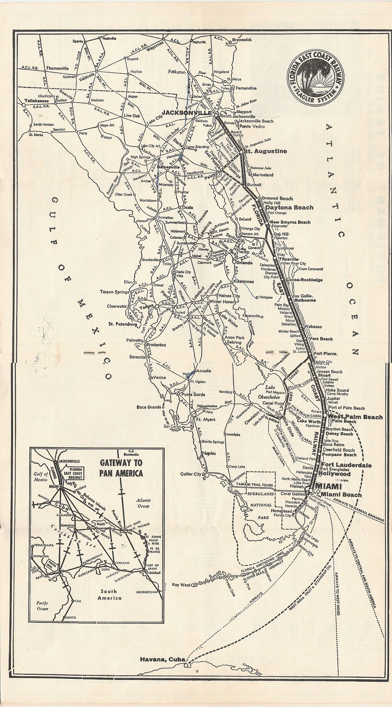 Florida East Coast Railway Dec. 12, 1957 timetable Pg. 15-18: Route Map Complete and accurate detailed 1957 route map showing every station of the Florida East Coast Railway