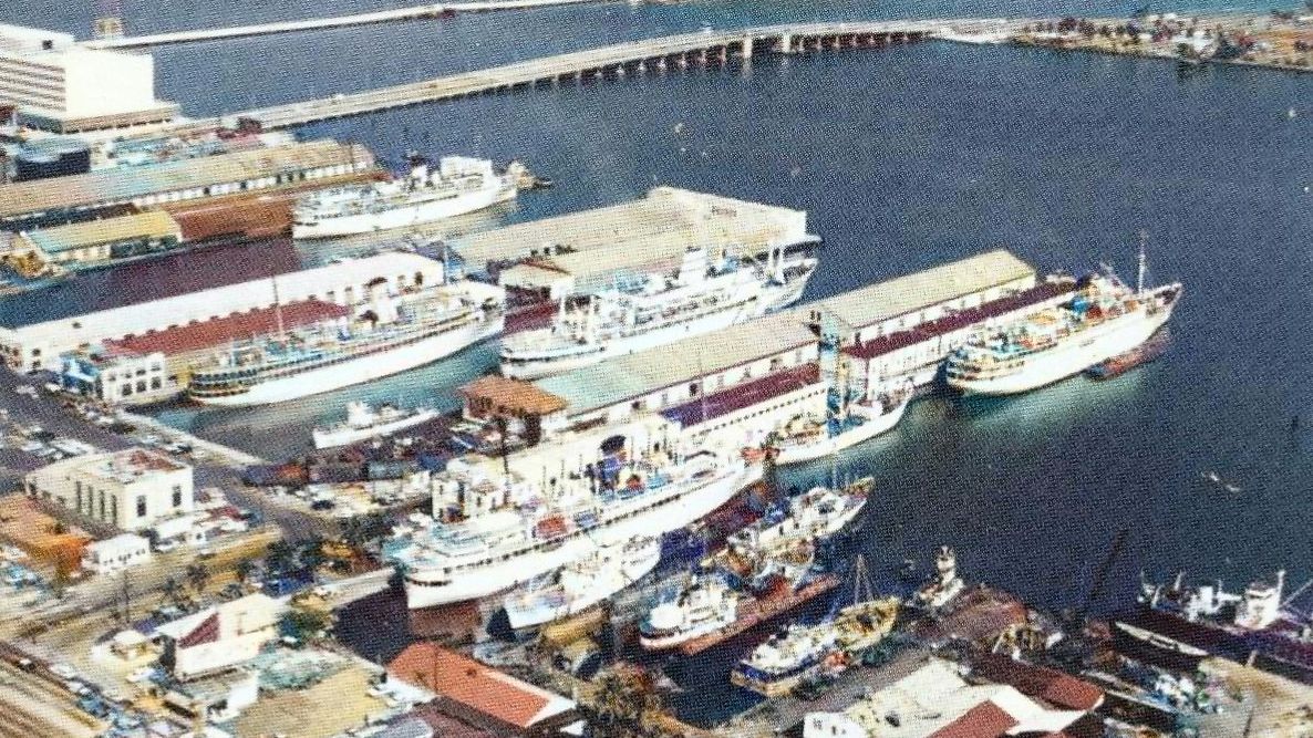 Cruise ships at old Port of Miami docks in 1963