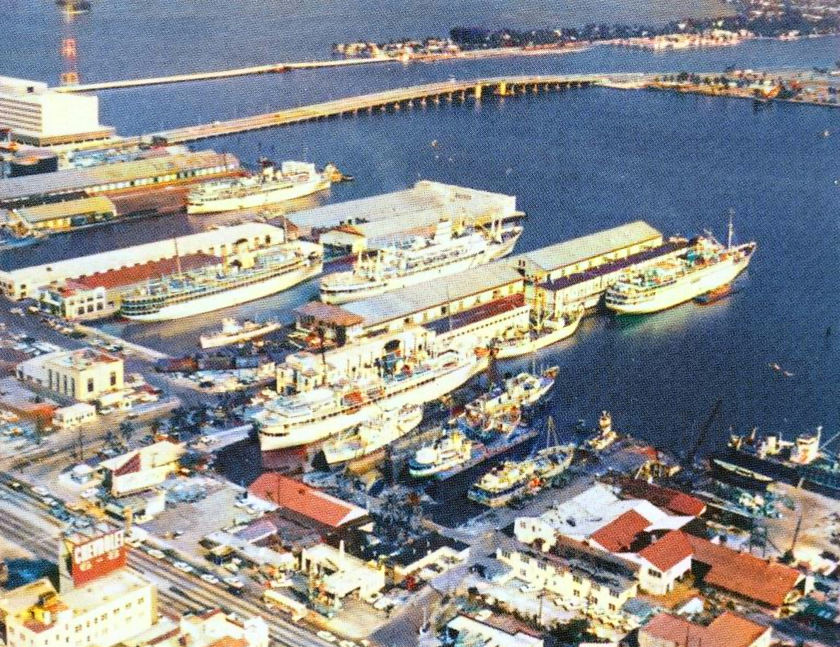 Cruise ships at old Port of Miami docks in 1963