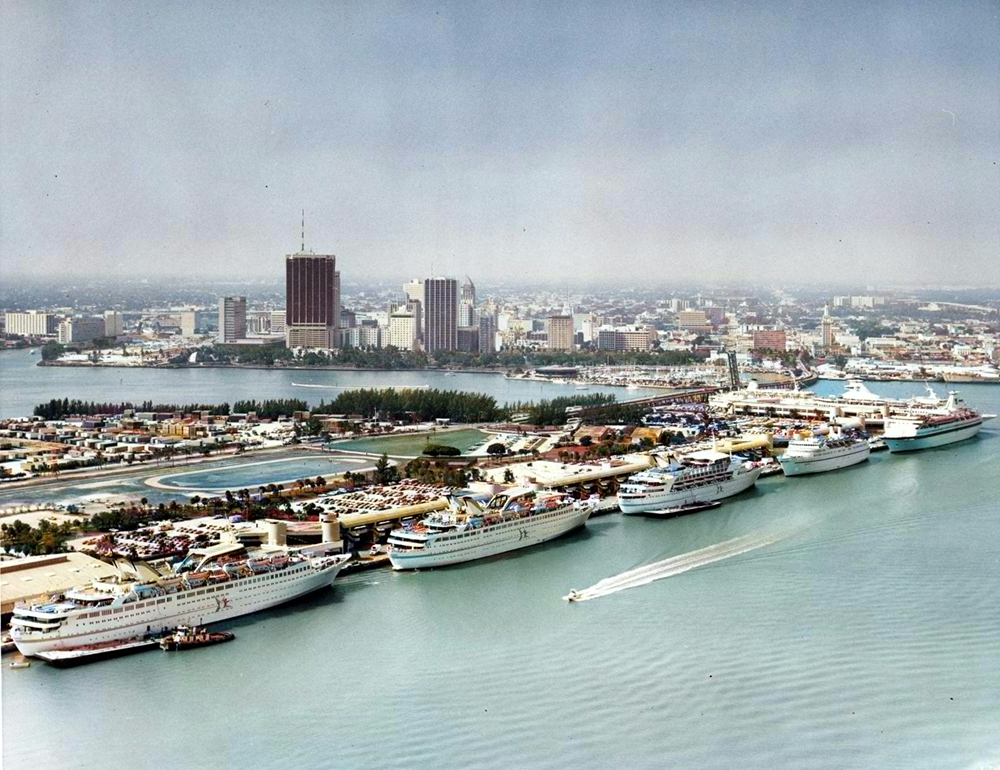 Cruise ships at new Port of Miami on Dodge Island in the early-1970s