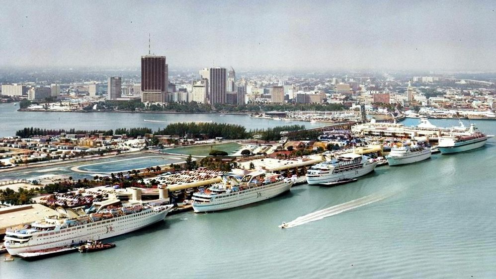 Cruise ships at new Port of Miami on Dodge Island on a Saturday in 1972