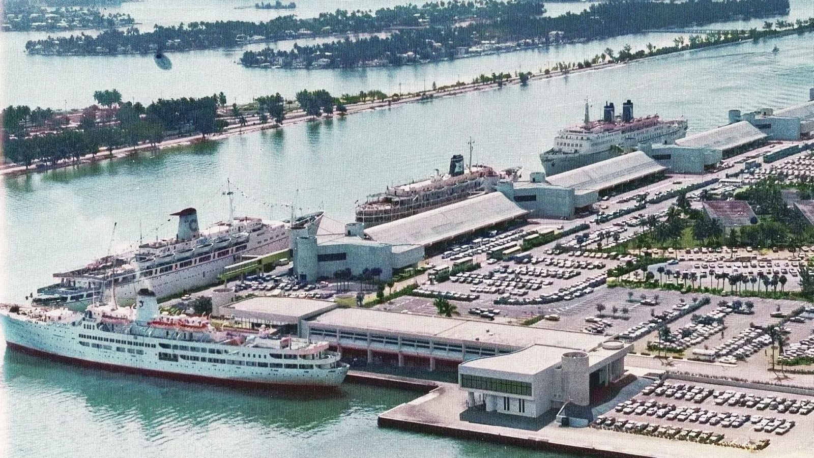 Cruise ships at new Port of Miami on Dodge Island on a Friday in 1973