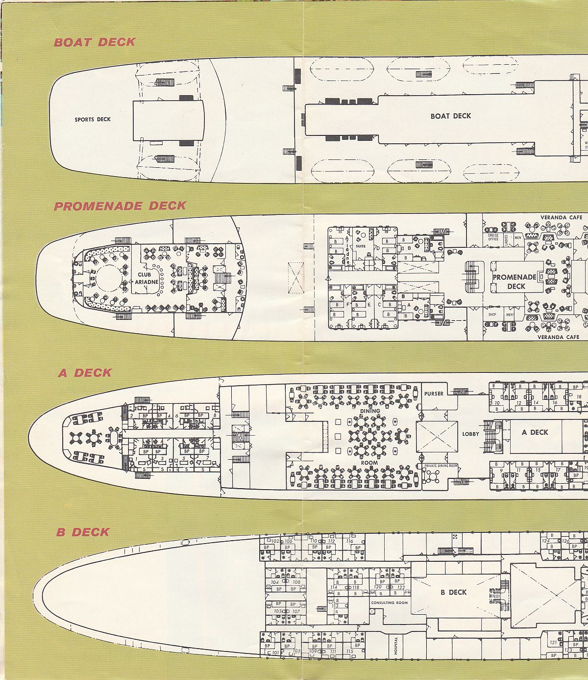 ss Ariadne Deck plan: Deck plans of aft Boat, Promenade, A and B-Decks