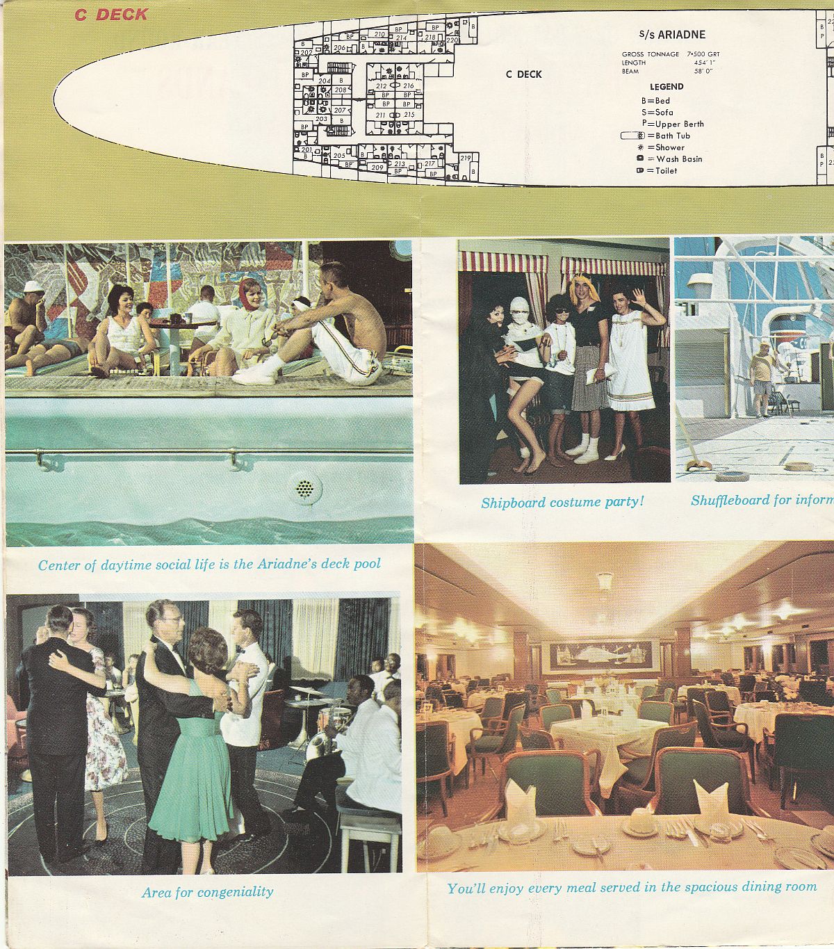 ss Ariadne Deck plan (cont'd) & ship photos: C-Deck (Bottom left page); Photos of pool, dining room, costume party, etc.