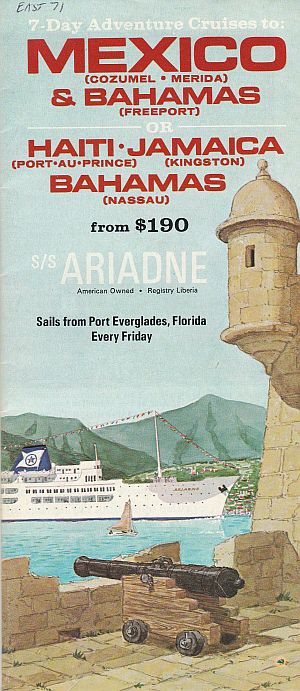 Cover of ss Ariadne brochure for sailings to Mexico, Haiti, Jamaica and the Bahamas