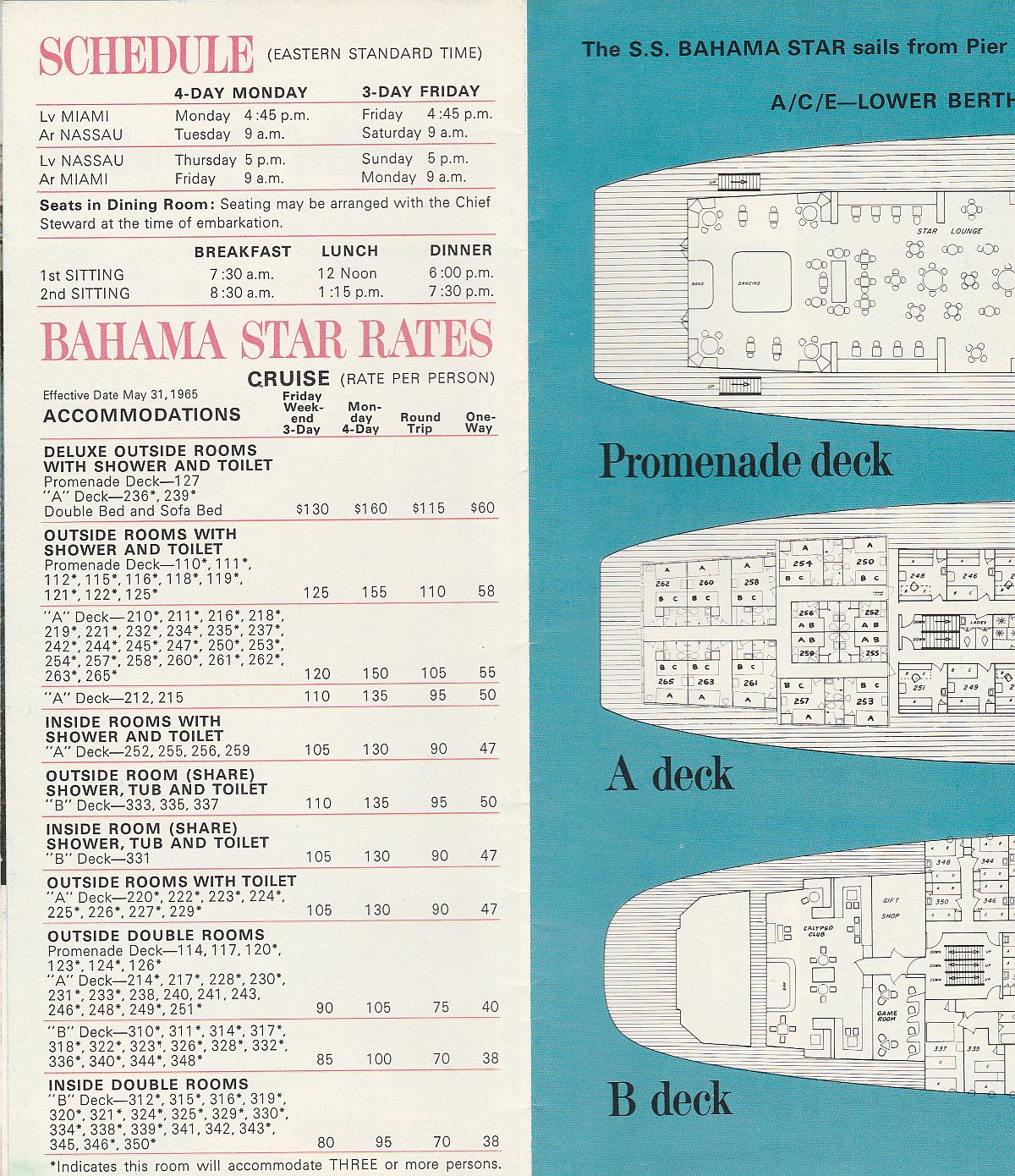 ss Bahama Star Schedule, rates and deck plans: Sailing and dining schedules, cruise fares and left page of deck plan