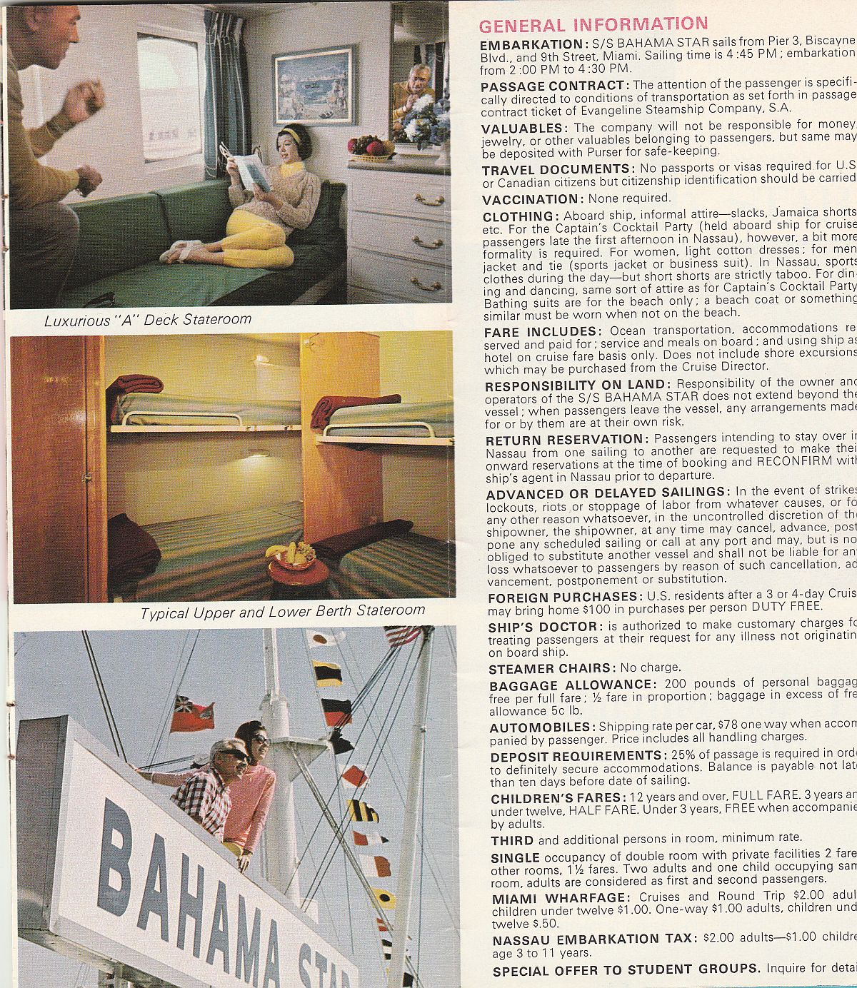 ss Bahama Star Staterooms & General Information: Typical staterooms and embarkation, tickets, clothing, etc.