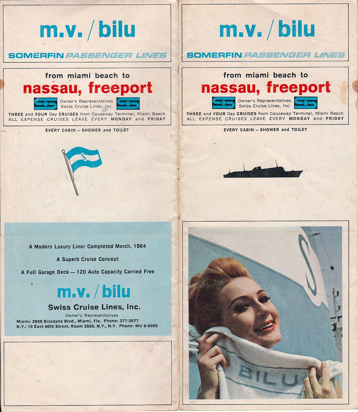 mv Bilu effective winter 1964-65: From Causeway Terminal, Miami Beach to Nassau and Freeport