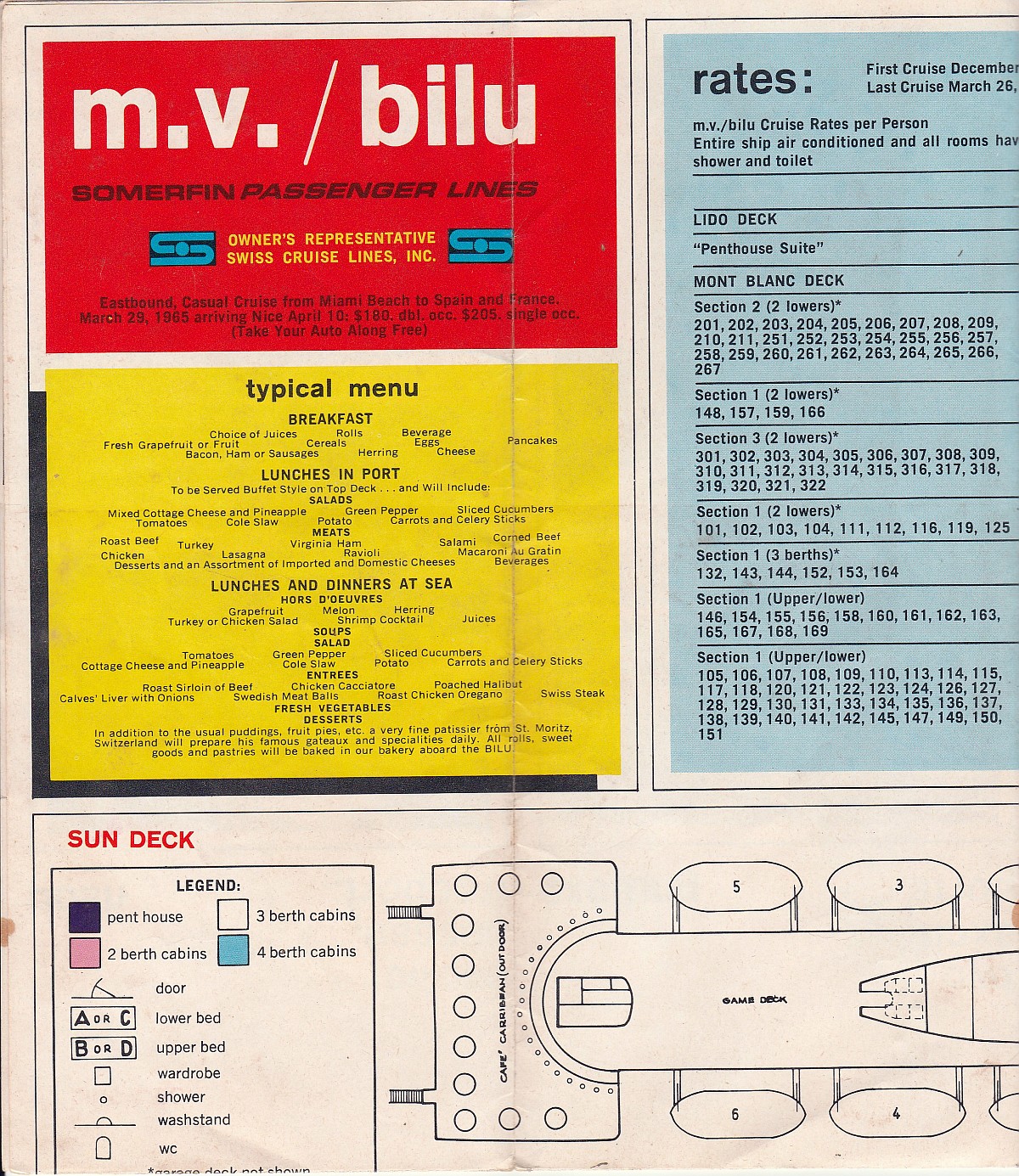 mv Bilu Information and deck plan: Typical menu, rates and Sun deck plan
