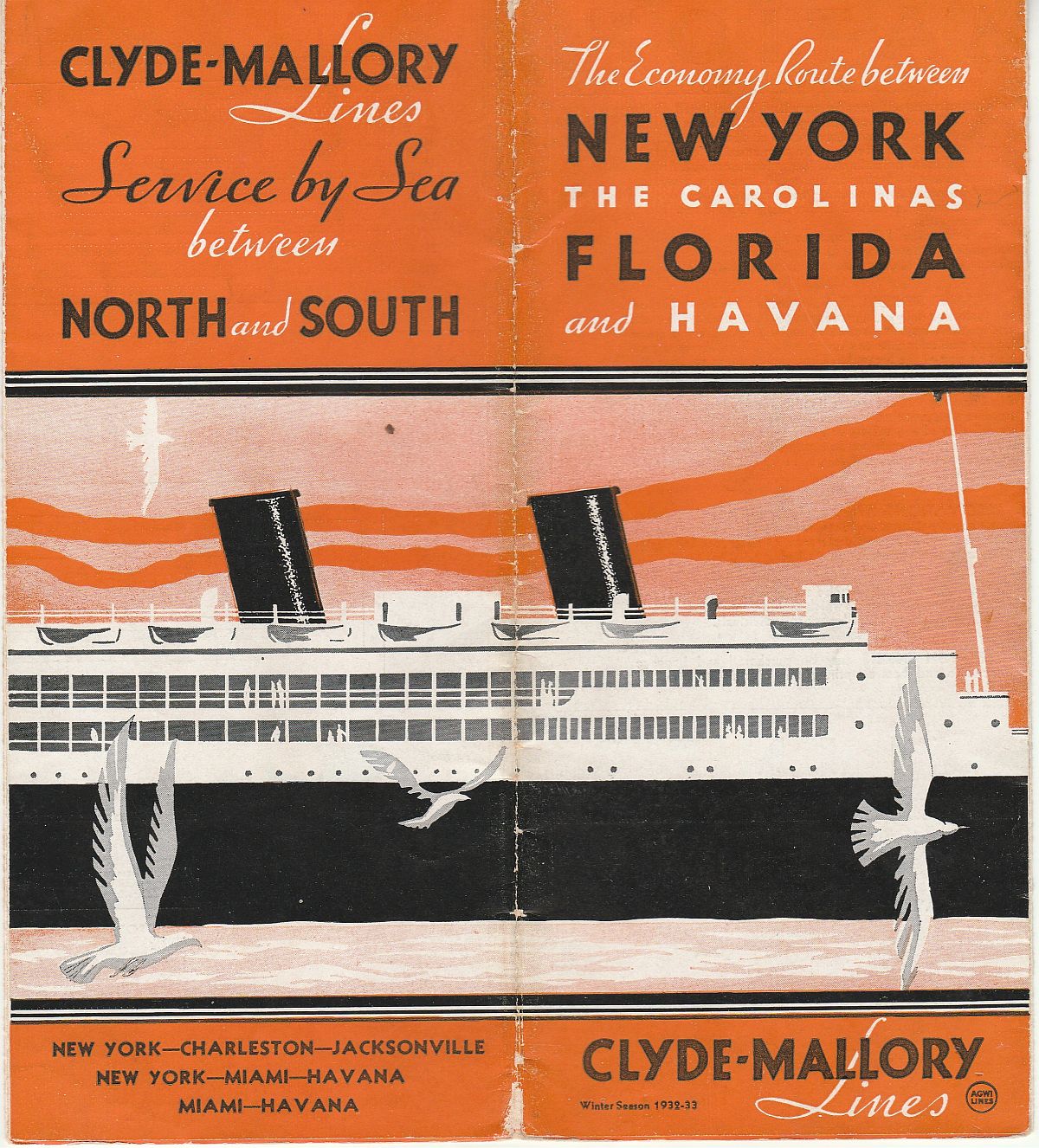 Clyde-Mallory Lines Brochure cover: The economy route between New York, the Carolinas, Florida and Havana