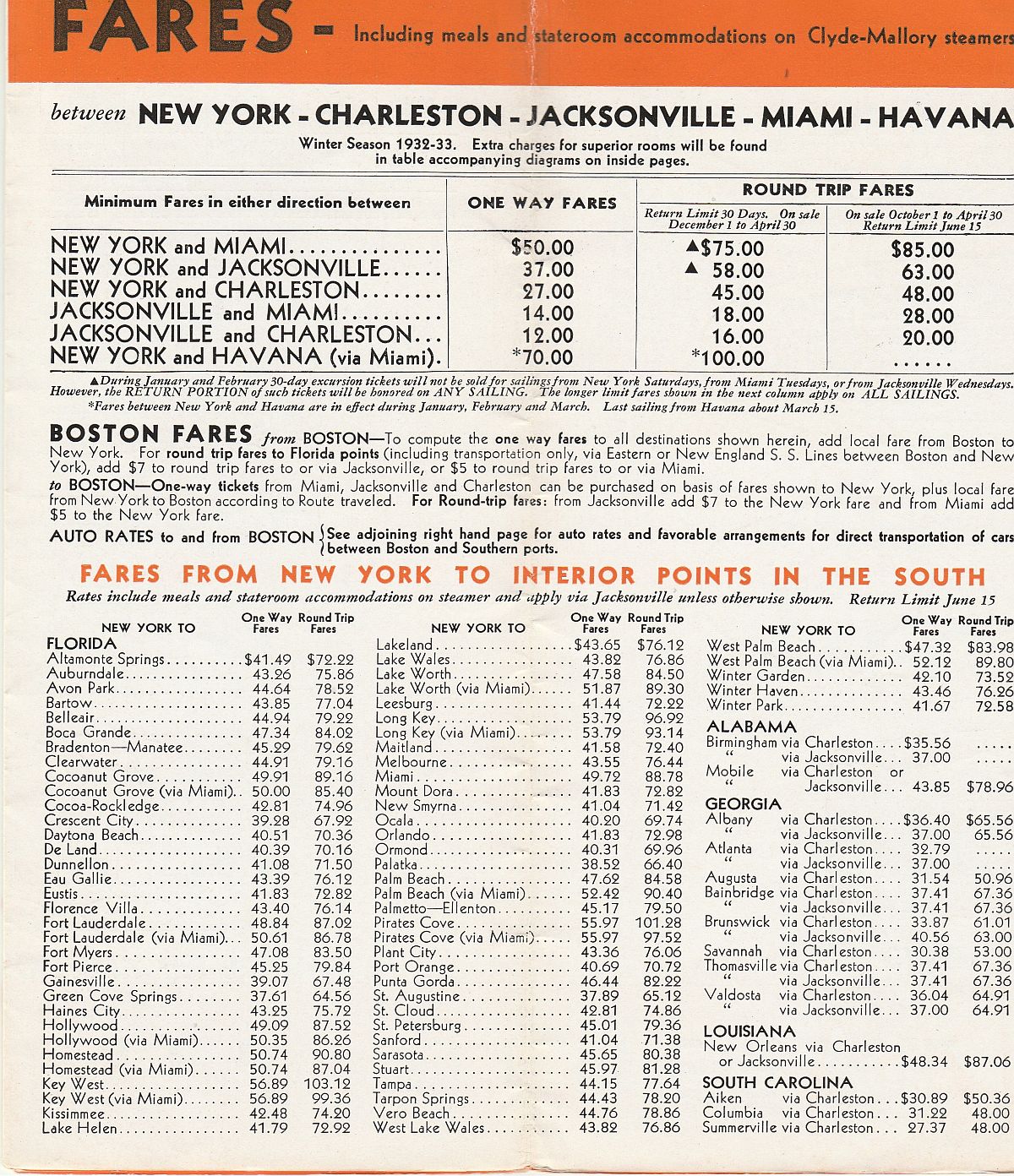 Clyde-Mallory Lines Fares: Including meals and stateroom accommodations on Clyde-Mallory steamers