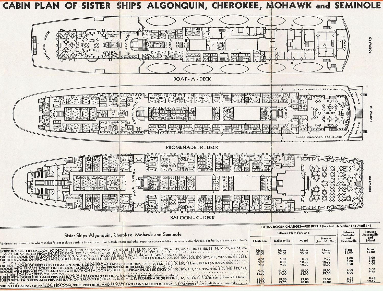 Clyde-Mallory Lines Cabin plans & description: Algonquin, Cherokee, Mohawk and Seminole
