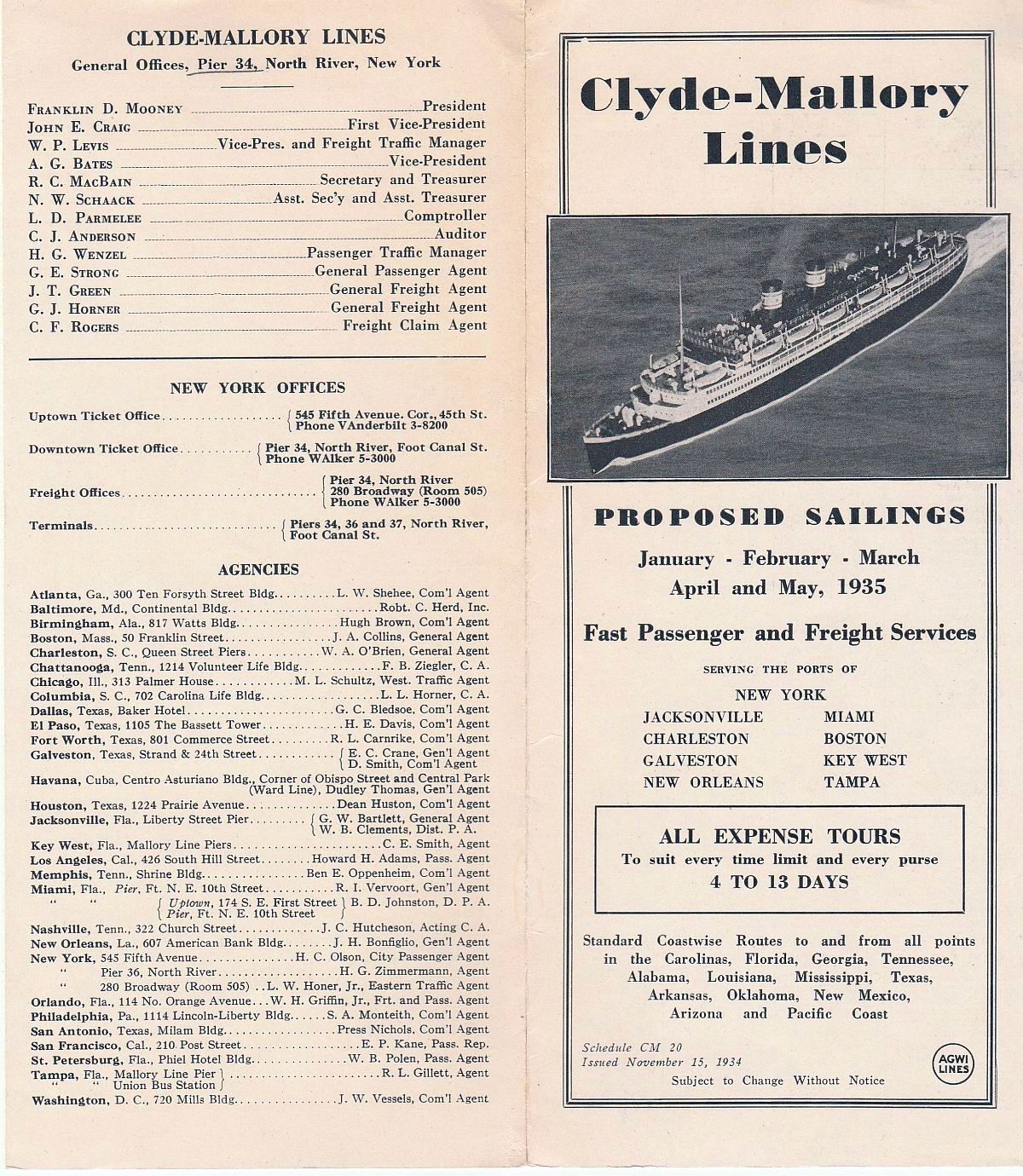 Clyde-Mallory Lines Sailing Schedule cover: Proposed sailings - January to May, 1935 / offices and agencies