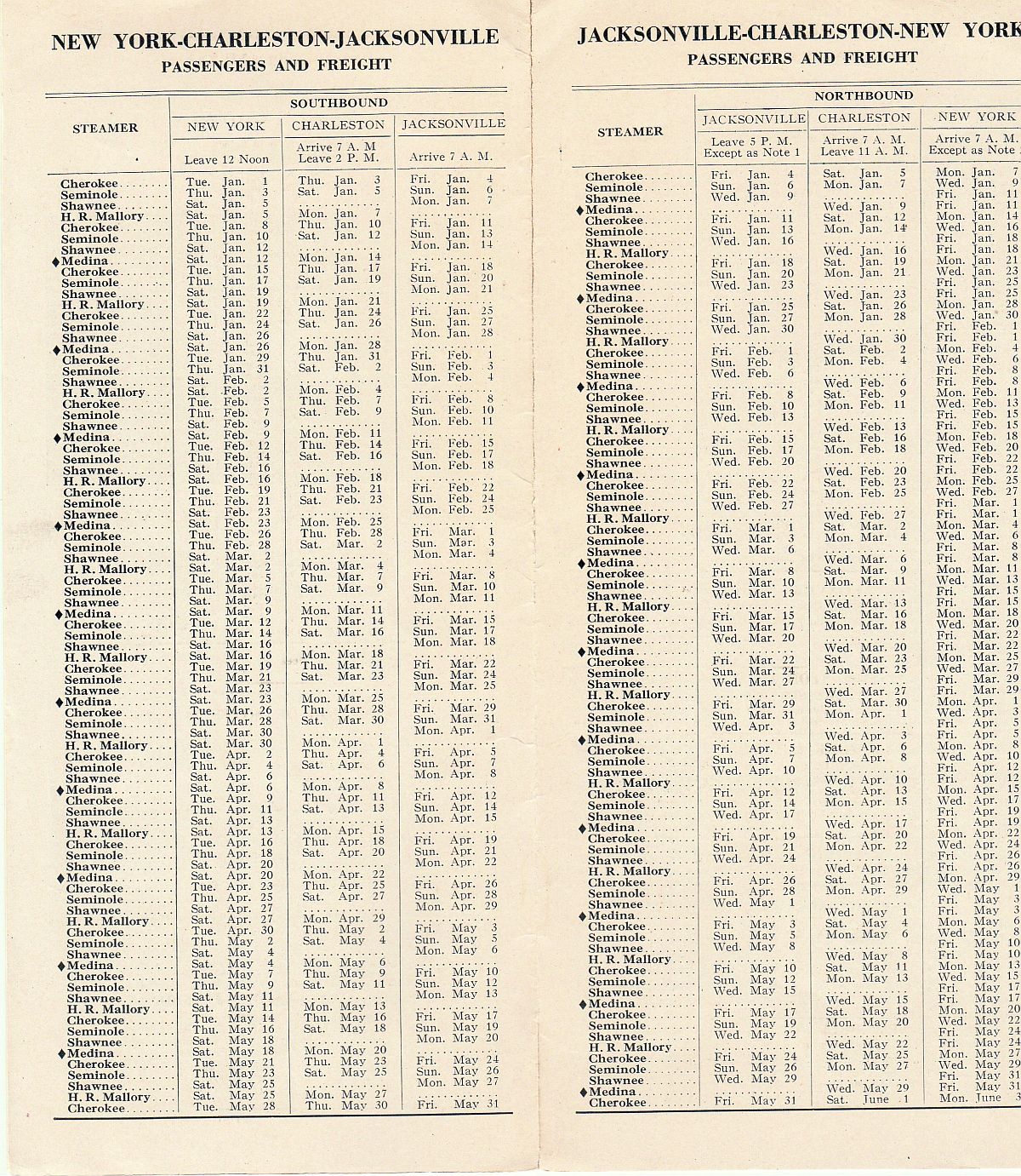 Clyde-Mallory Lines Sailing Schedule: New York - Charleston - Jacksonville, southbound and northbound passengers and freight