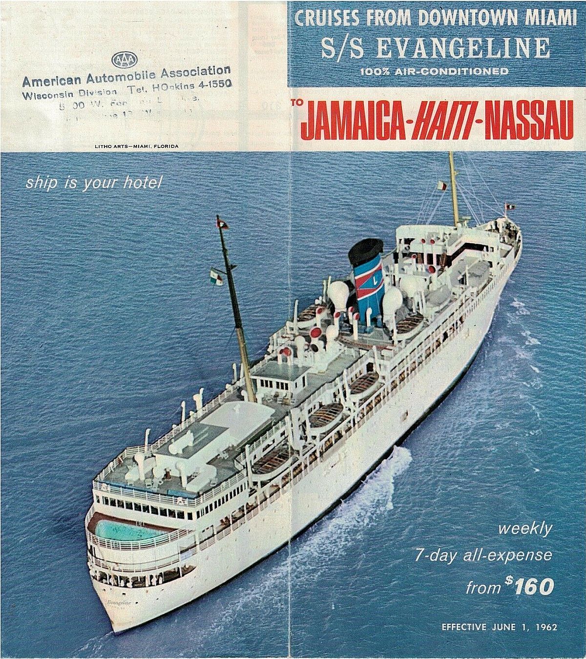 ss Evangeline Brochure effective June 1, 1962: Cruises from downtown Miami