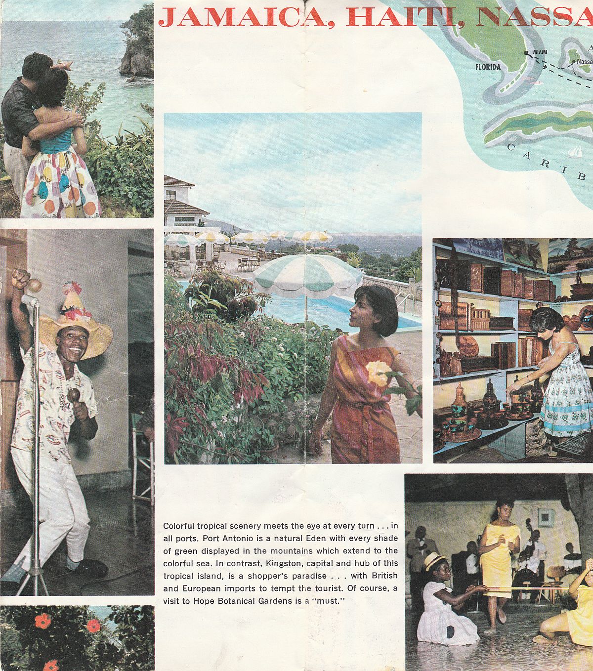 ss Evangeline Itinerary map & Jamaica photos: Jamaica, Haiti, Nassau - a happy combination (left page)