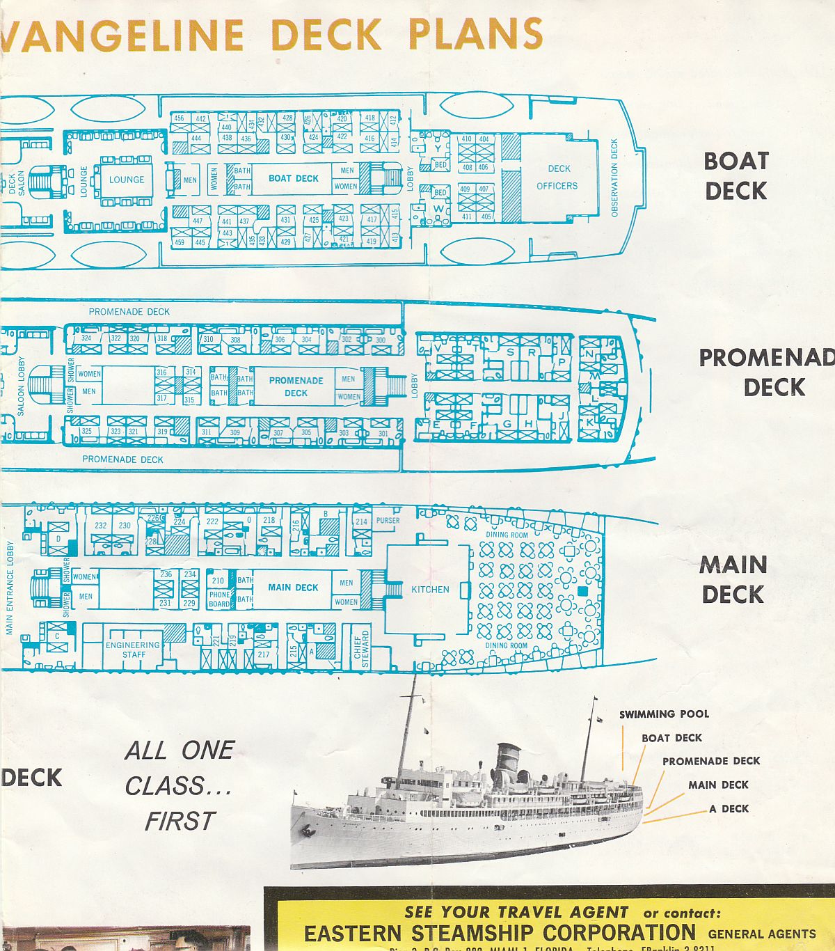 ss Evangeline Deck plans (cont'd): Boat, Promenade, Main and A Decks