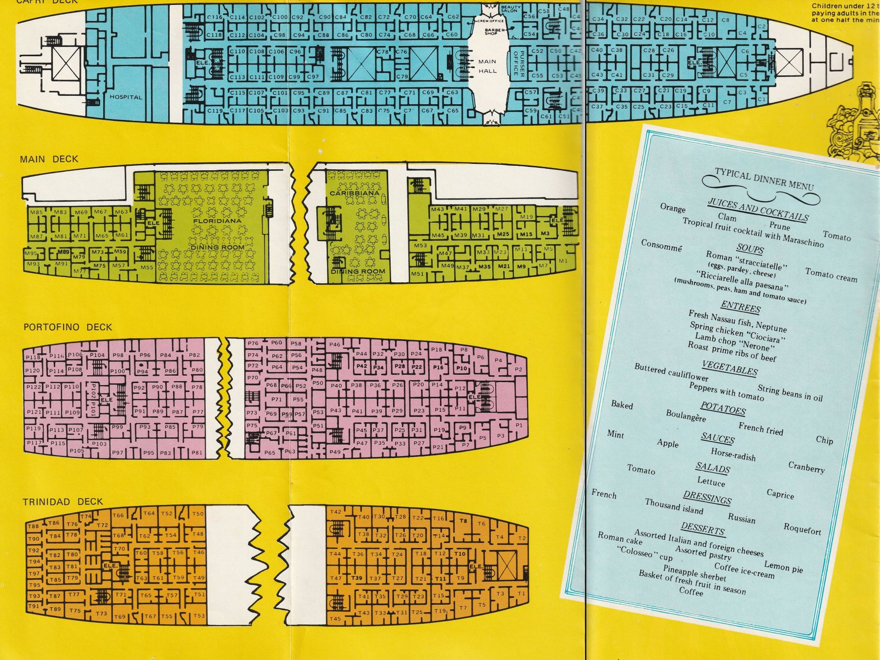ts Flavia Deck plans, part two and typical dinner menu: Capri, Main, Portofino and Trinidad Decks