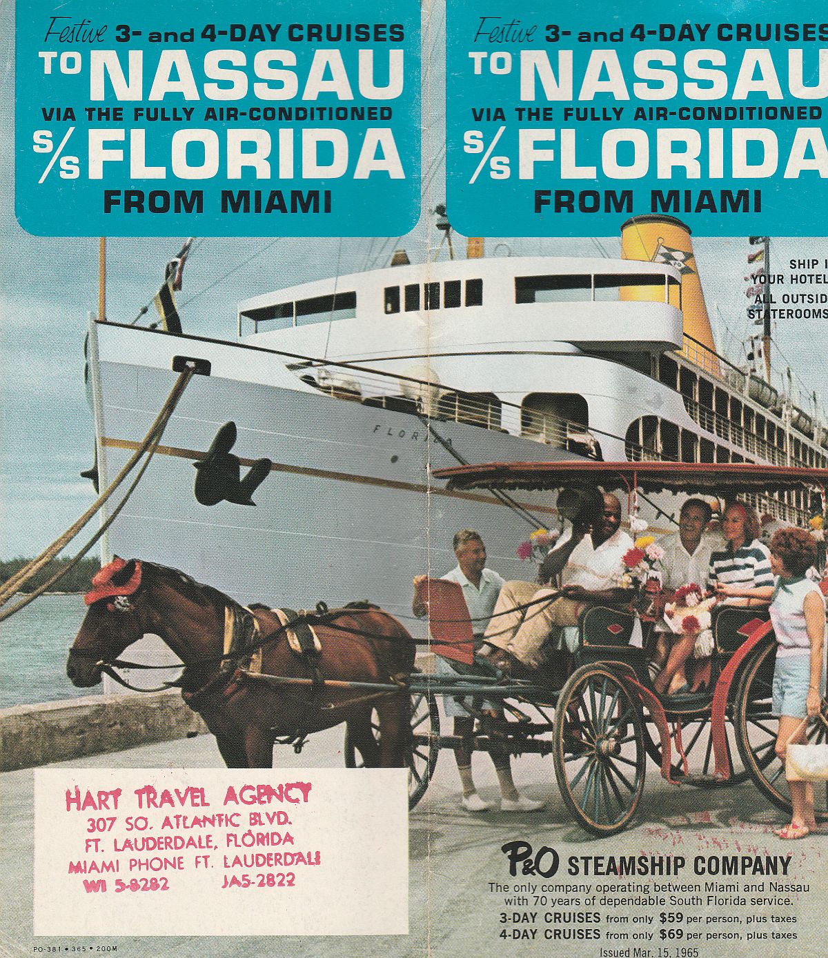 ss Florida issued Mar. 15, 1965: Festive 3- and 4-day cruises to Nassau via the fully air-conditioned ss Florida