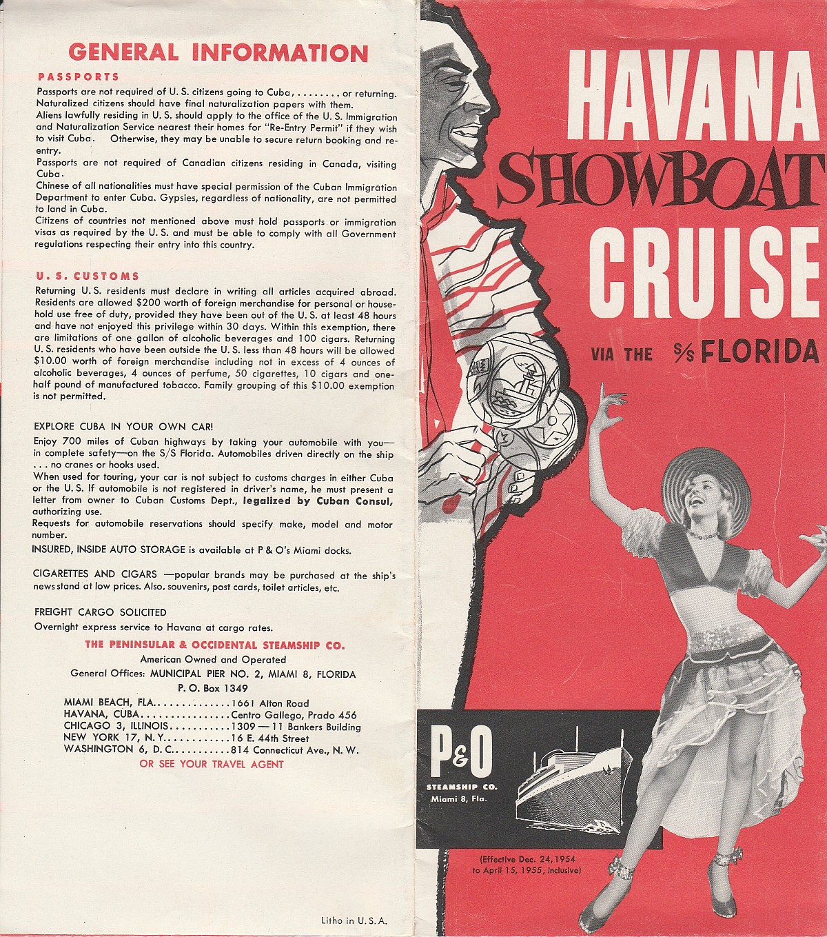 ss Florida effective Dec. 24, 1954: Havana Showboat Cruise via the ss Florida; general information