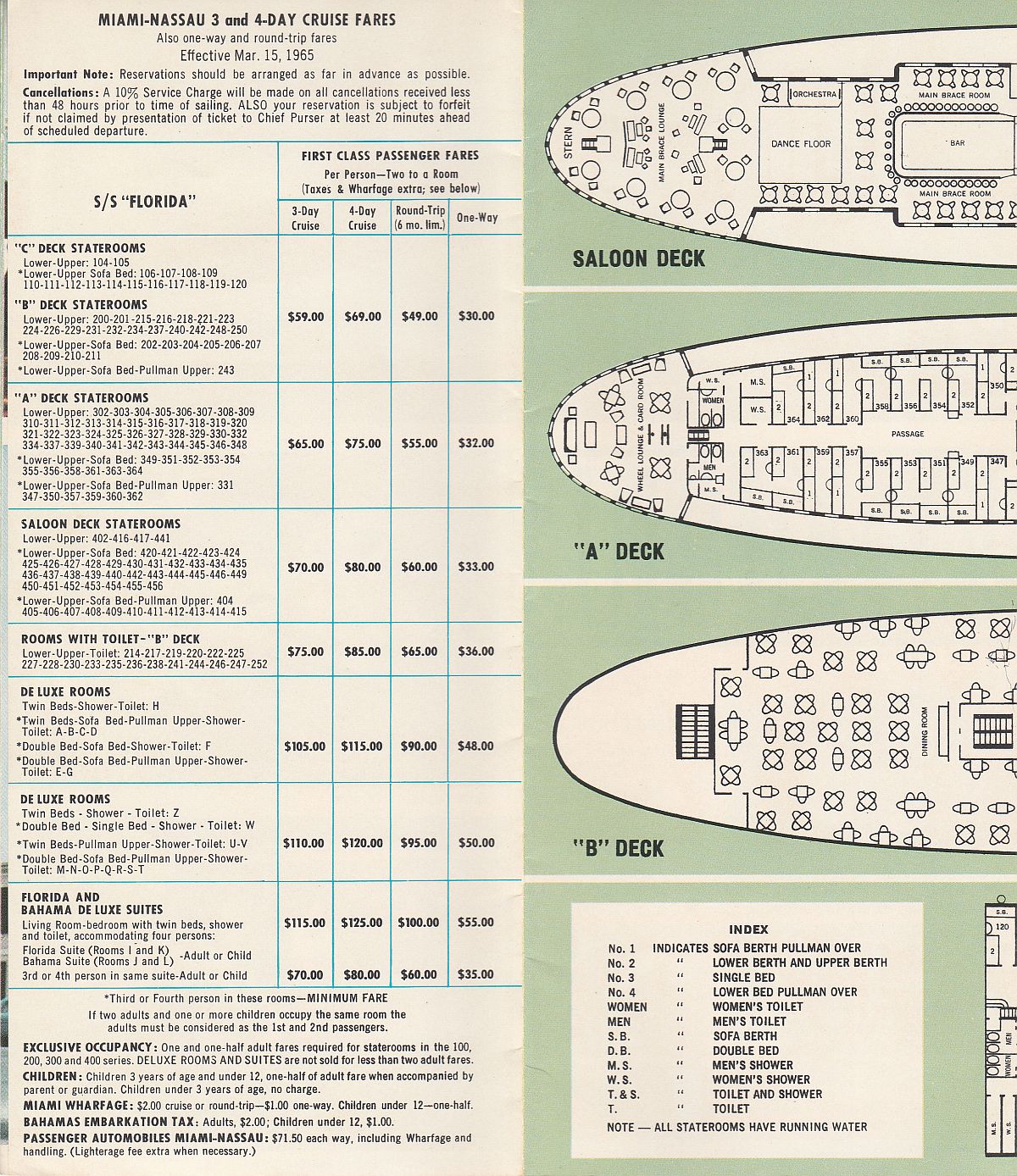 ss Florida Fares & deck plans: Miami-Nassau cruise fares and left page of deck plans