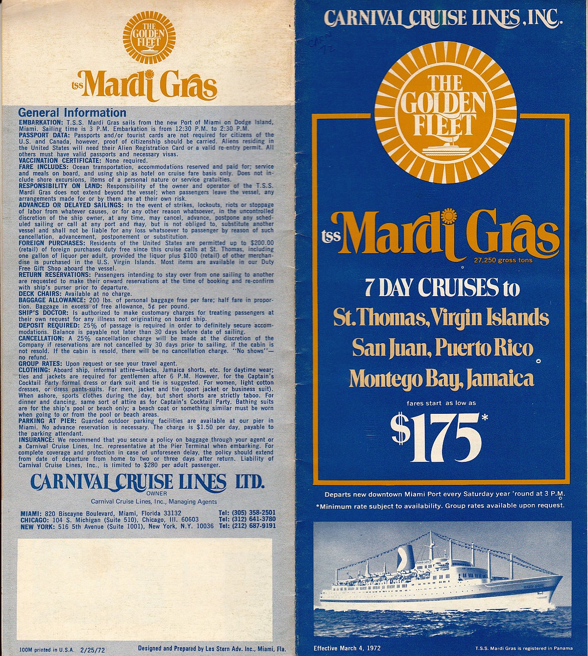 tss Mardi Gras effective Mar. 4, 1972: Front cover and general information