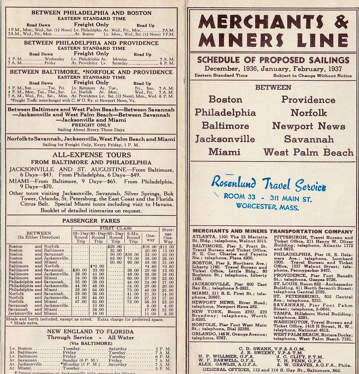 Merchants and Miners Line Schedule of Sailings cover: December to February sailings, 1937 /offices and agencies / all-expense tours & passenger fares