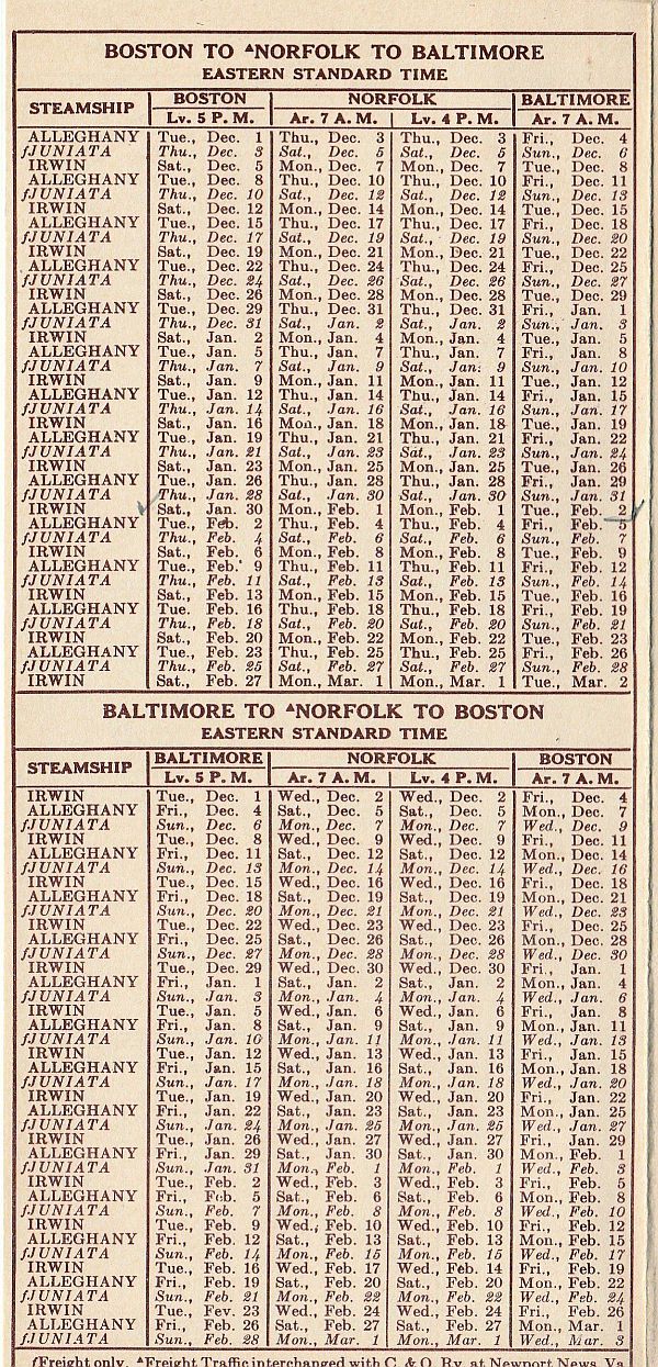 Merchants and Miners Line Schedule of Sailings: Boston to Norfolk & Baltimore northbound & southbound