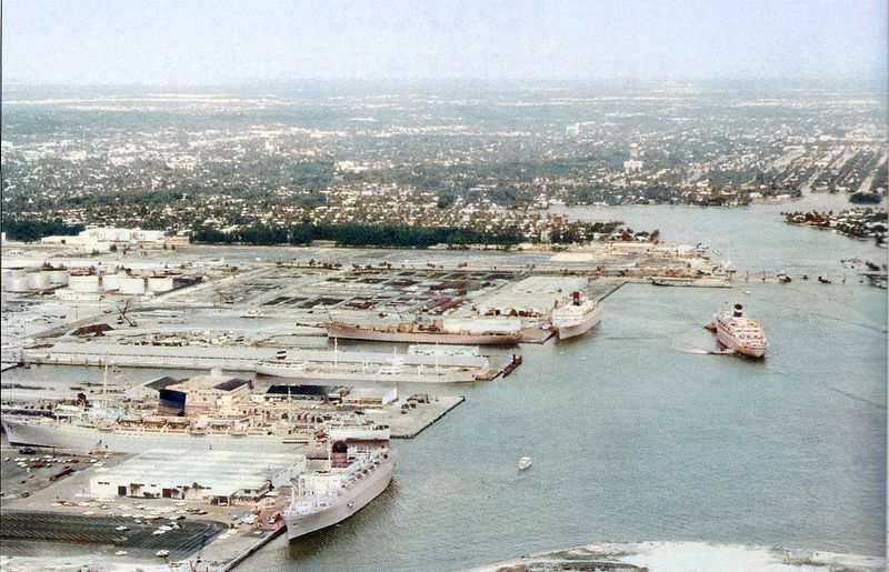 Four cruise ships at the two passenger terminals in Port Everglades, Florida on January 21, 1964