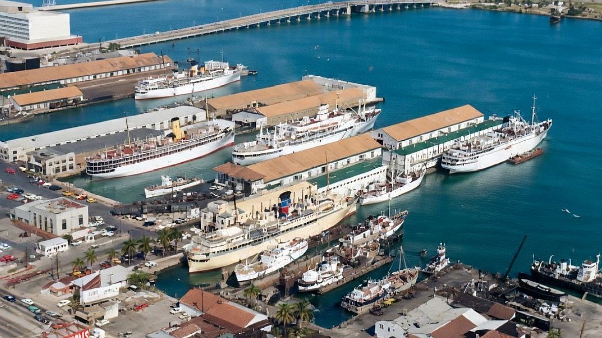 Cruise ships at old Port of Miami docks in 1963