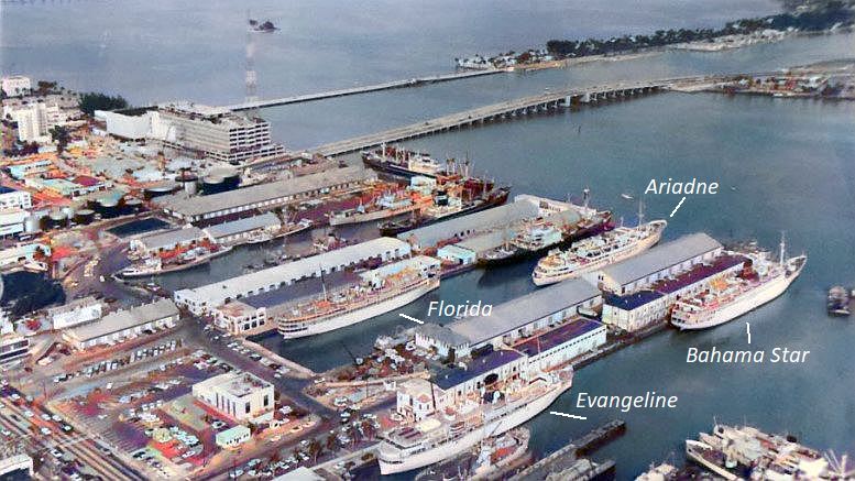 Cruise ships at old Port of Miami docks in the mid-1960s