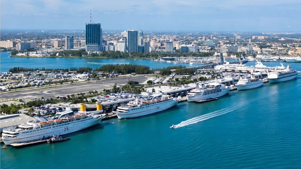 Cruise ships at new Port of Miami on Dodge Island on a Saturday in 1972