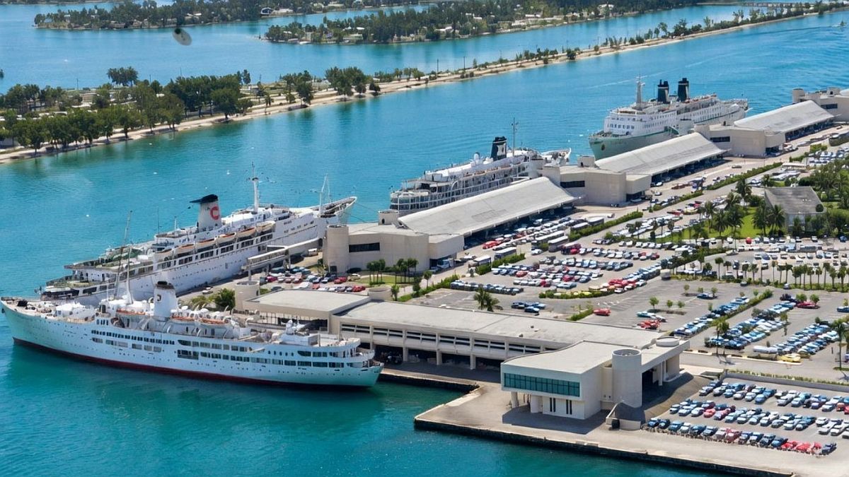 Cruise ships at new Port of Miami on Dodge Island on a Friday in 1973