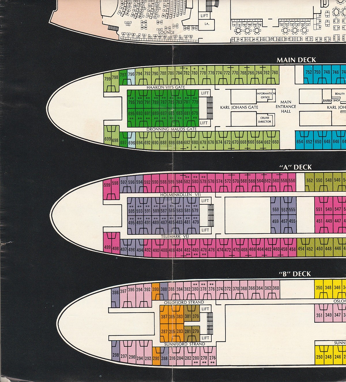 ms Song of Norway Aft deck plans: Restaurant Deck, Main Deck, A Deck and B Deck