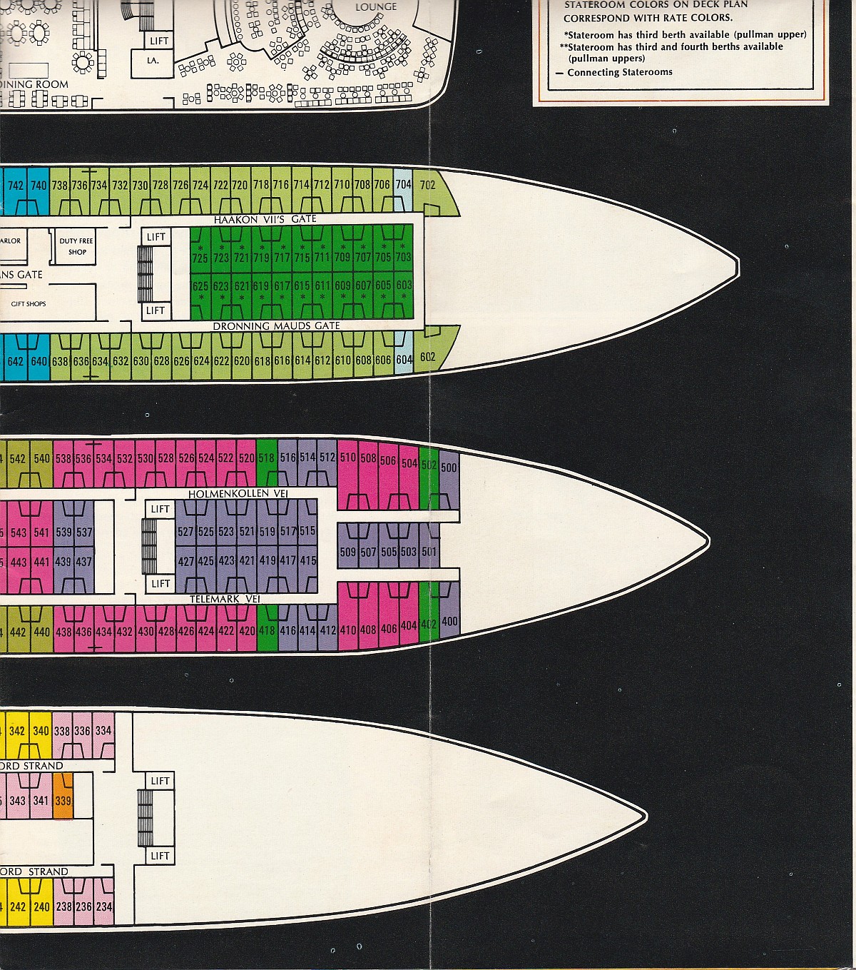 ms Song of Norway Forward deck plans: Restaurant Deck, Main Deck, A Deck and B Deck