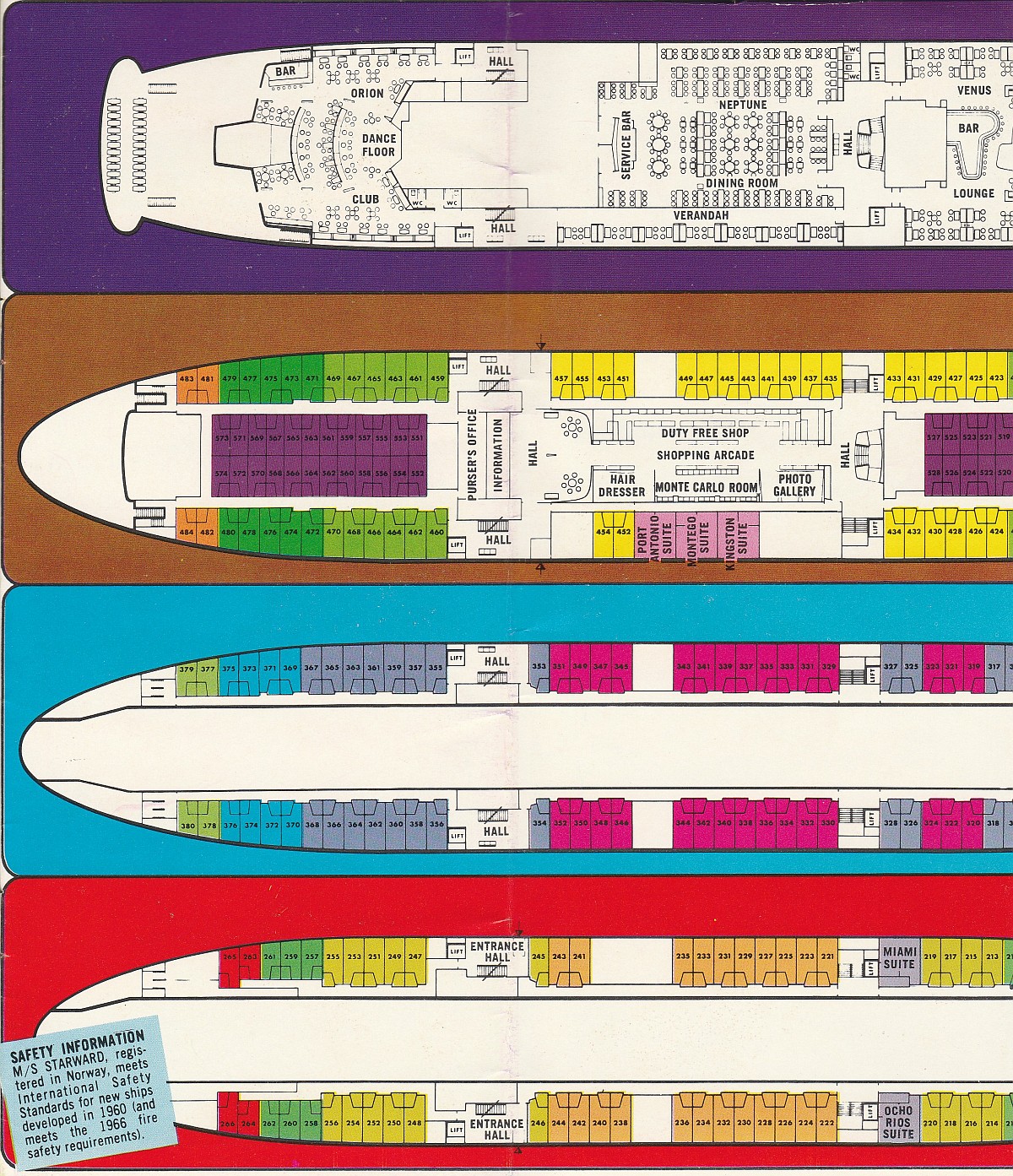 ms Starward Aft deck plans: Galaxy Deck, Atlantic Deck, Biscayne Deck and Caribbean deck aft