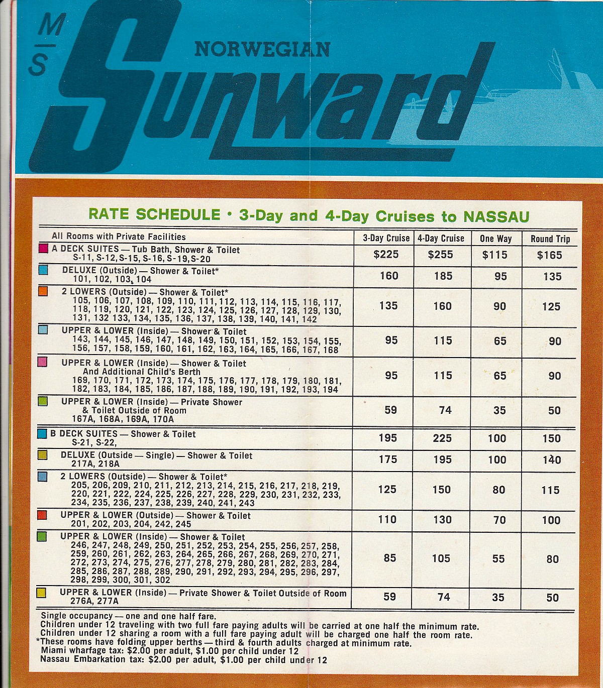 ms Sunward Rate schedule: 3-day and 4-day cruises to Nassau