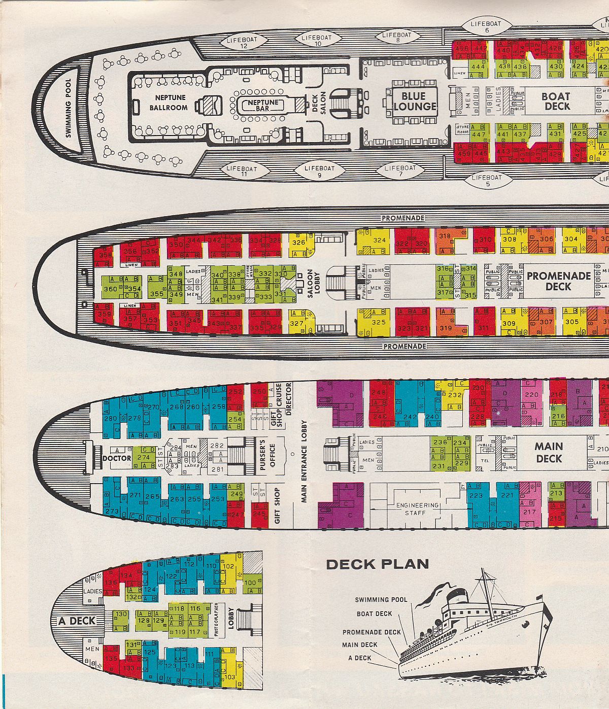 ss Yarmouth Deck plan: Boat, Promenade, Main and A Decks (left page)